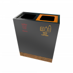 TACORA PC litter receptacle with 2 compartments for waste and recycling, powder coated metal, angled top view