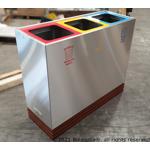 TACORA SST litter receptacle with 3 compartments, stainless steel, angled top view, ready to be shipped