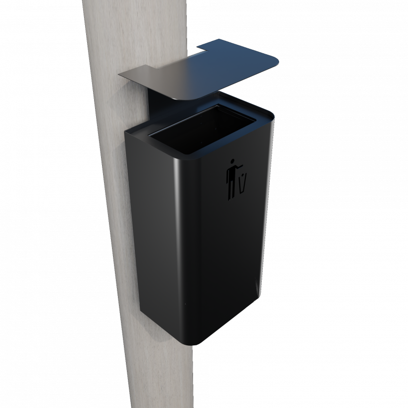 ZENIPOLE PC wall mounted metal street trash can angled view