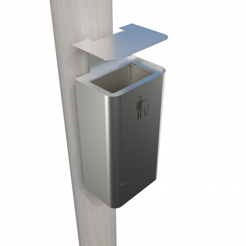 ZENIPOLE SST wall mounted stainless steel street trash can, perspective view